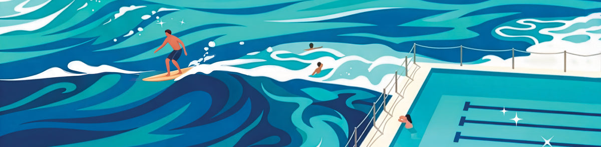 Illustration of a surfer at Bondi Beach next to the Icebergs pool